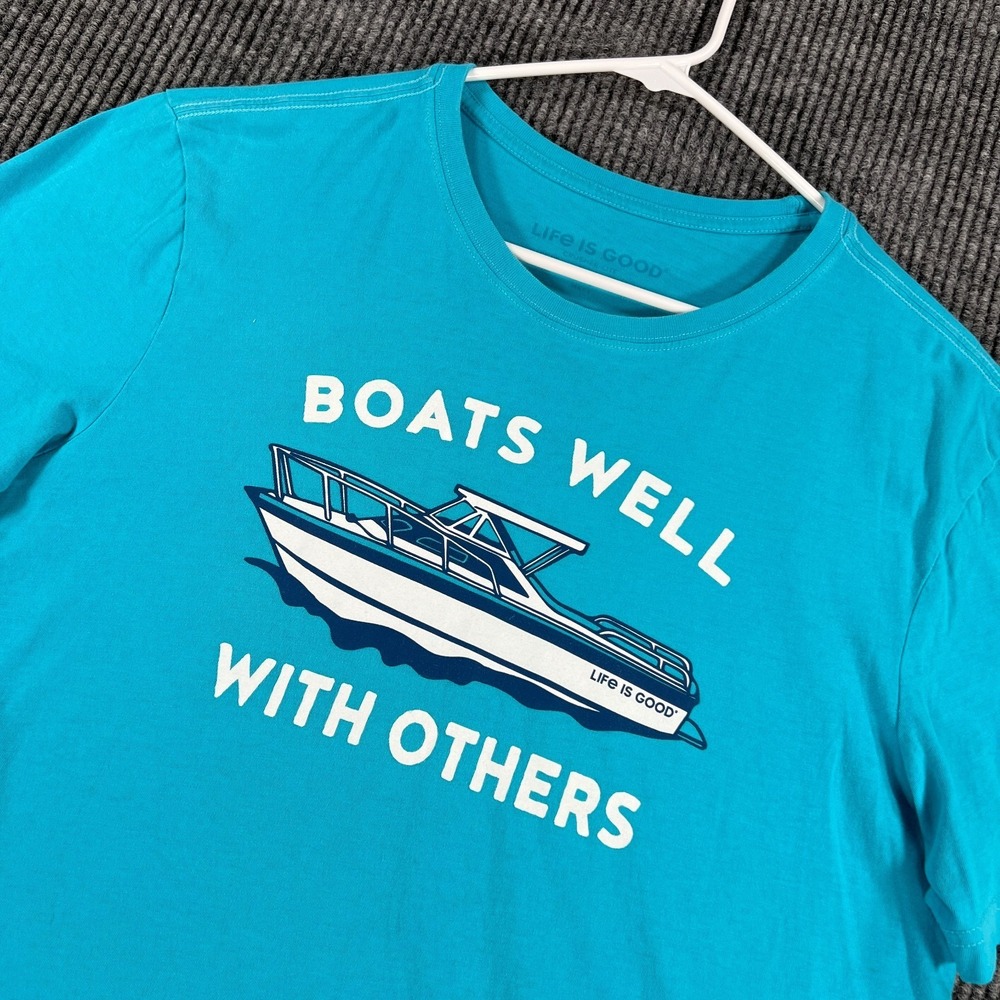 Life is Good Shirt Mens Medium Blue Short Sleeve Crusher Tee Boats Summer Dock